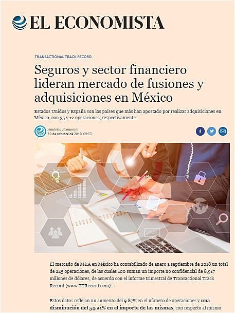 Seguros y sector financiero lideran mercado de fusiones y adquisiciones en Mxico